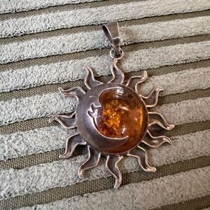 Vintage Stamped Mexico 925 Sterling Silver Amber Sun Moon Celestial Pendant
